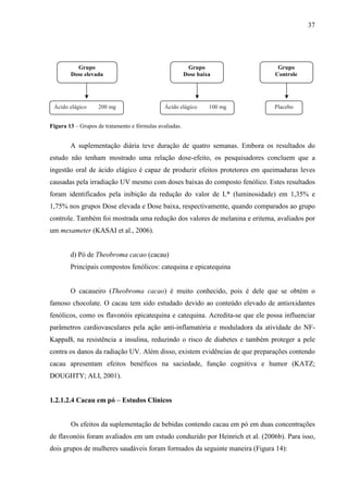 37
Figura 13 – Grupos de tratamento e fórmulas avaliadas.
A suplementação diária teve duração de quatro semanas. Embora os resultados do
estudo não tenham mostrado uma relação dose-efeito, os pesquisadores concluem que a
ingestão oral de ácido elágico é capaz de produzir efeitos protetores em queimaduras leves
causadas pela irradiação UV mesmo com doses baixas do composto fenólico. Estes resultados
foram identificados pela inibição da redução do valor de L* (luminosidade) em 1,35% e
1,75% nos grupos Dose elevada e Dose baixa, respectivamente, quando comparados ao grupo
controle. Também foi mostrada uma redução dos valores de melanina e eritema, avaliados por
um mexameter (KASAI et al., 2006).
d) Pó de Theobroma cacao (cacau)
Principais compostos fenólicos: catequina e epicatequina
O cacaueiro (Theobroma cacao) é muito conhecido, pois é dele que se obtém o
famoso chocolate. O cacau tem sido estudado devido ao conteúdo elevado de antioxidantes
fenólicos, como os flavonóis epicatequina e catequina. Acredita-se que ele possa influenciar
parâmetros cardiovasculares pela ação anti-inflamatória e moduladora da atividade do NF-
KappaB, na resistência a insulina, reduzindo o risco de diabetes e também proteger a pele
contra os danos da radiação UV. Além disso, existem evidências de que preparações contendo
cacau apresentam efeitos benéficos na saciedade, função cognitiva e humor (KATZ;
DOUGHTY; ALI, 2001).
1.2.1.2.4 Cacau em pó – Estudos Clínicos
Os efeitos da suplementação de bebidas contendo cacau em pó em duas concentrações
de flavonóis foram avaliados em um estudo conduzido por Heinrich et al. (2006b). Para isso,
dois grupos de mulheres saudáveis foram formados da seguinte maneira (Figura 14):
Grupo
Dose elevada
Grupo
Dose baixa
Grupo
Controle
Ácido elágico 200 mg Ácido elágico 100 mg Placebo
 