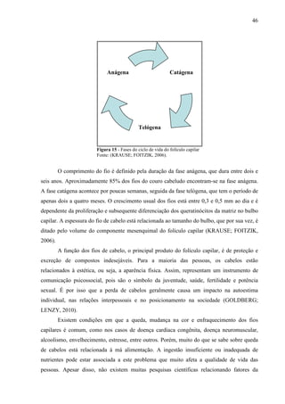 46
Figura 15 - Fases do ciclo de vida do folículo capilar
Fonte: (KRAUSE; FOITZIK, 2006).
O comprimento do fio é definido pela duração da fase anágena, que dura entre dois e
seis anos. Aproximadamente 85% dos fios do couro cabeludo encontram-se na fase anágena.
A fase catágena acontece por poucas semanas, seguida da fase telógena, que tem o período de
apenas dois a quatro meses. O crescimento usual dos fios está entre 0,3 e 0,5 mm ao dia e é
dependente da proliferação e subsequente diferenciação dos queratinócitos da matriz no bulbo
capilar. A espessura do fio de cabelo está relacionada ao tamanho do bulbo, que por sua vez, é
ditado pelo volume do componente mesenquimal do folículo capilar (KRAUSE; FOITZIK,
2006).
A função dos fios de cabelo, o principal produto do folículo capilar, é de proteção e
excreção de compostos indesejáveis. Para a maioria das pessoas, os cabelos estão
relacionados à estética, ou seja, a aparência física. Assim, representam um instrumento de
comunicação psicossocial, pois são o símbolo da juventude, saúde, fertilidade e potência
sexual. É por isso que a perda de cabelos geralmente causa um impacto na autoestima
individual, nas relações interpessoais e no posicionamento na sociedade (GOLDBERG;
LENZY, 2010).
Existem condições em que a queda, mudança na cor e enfraquecimento dos fios
capilares é comum, como nos casos de doença cardíaca congênita, doença neuromuscular,
alcoolismo, envelhecimento, estresse, entre outros. Porém, muito do que se sabe sobre queda
de cabelos está relacionada à má alimentação. A ingestão insuficiente ou inadequada de
nutrientes pode estar associada a este problema que muito afeta a qualidade de vida das
pessoas. Apesar disso, não existem muitas pesquisas científicas relacionando fatores da
Catágena
Telógena
Anágena
 