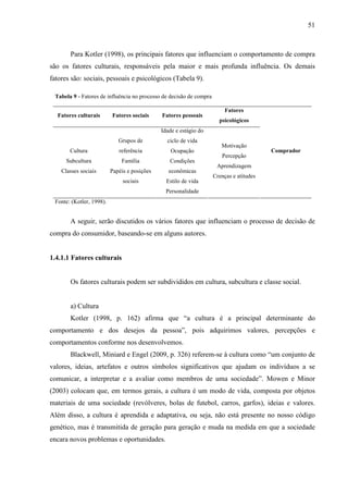 51
Para Kotler (1998), os principais fatores que influenciam o comportamento de compra
são os fatores culturais, responsáveis pela maior e mais profunda influência. Os demais
fatores são: sociais, pessoais e psicológicos (Tabela 9).
Tabela 9 - Fatores de influência no processo de decisão de compra
Fatores culturais Fatores sociais Fatores pessoais
Fatores
psicológicos
Cultura
Subcultura
Classes sociais
Grupos de
referência
Família
Papéis e posições
sociais
Idade e estágio do
ciclo de vida
Ocupação
Condições
econômicas
Estilo de vida
Personalidade
Motivação
Percepção
Aprendizagem
Crenças e atitudes
Comprador
Fonte: (Kotler, 1998).
A seguir, serão discutidos os vários fatores que influenciam o processo de decisão de
compra do consumidor, baseando-se em alguns autores.
1.4.1.1 Fatores culturais
Os fatores culturais podem ser subdivididos em cultura, subcultura e classe social.
a) Cultura
Kotler (1998, p. 162) afirma que “a cultura é a principal determinante do
comportamento e dos desejos da pessoa”, pois adquirimos valores, percepções e
comportamentos conforme nos desenvolvemos.
Blackwell, Miniard e Engel (2009, p. 326) referem-se à cultura como “um conjunto de
valores, ideias, artefatos e outros símbolos significativos que ajudam os indivíduos a se
comunicar, a interpretar e a avaliar como membros de uma sociedade”. Mowen e Minor
(2003) colocam que, em termos gerais, a cultura é um modo de vida, composta por objetos
materiais de uma sociedade (revólveres, bolas de futebol, carros, garfos), ideias e valores.
Além disso, a cultura é aprendida e adaptativa, ou seja, não está presente no nosso código
genético, mas é transmitida de geração para geração e muda na medida em que a sociedade
encara novos problemas e oportunidades.
 