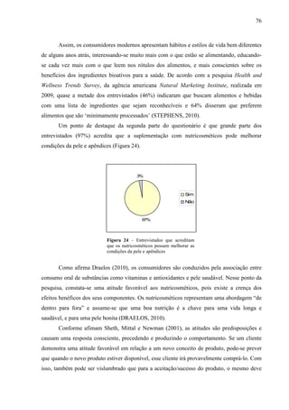 76
Assim, os consumidores modernos apresentam hábitos e estilos de vida bem diferentes
de alguns anos atrás, interessando-se muito mais com o que estão se alimentando, educando-
se cada vez mais com o que leem nos rótulos dos alimentos, e mais conscientes sobre os
benefícios dos ingredientes bioativos para a saúde. De acordo com a pesquisa Health and
Wellness Trends Survey, da agência americana Natural Marketing Institute, realizada em
2009, quase a metade dos entrevistados (46%) indicaram que buscam alimentos e bebidas
com uma lista de ingredientes que sejam reconhecíveis e 64% disseram que preferem
alimentos que são ‘minimamente processados’ (STEPHENS, 2010).
Um ponto de destaque da segunda parte do questionário é que grande parte dos
entrevistados (97%) acredita que a suplementação com nutricosméticos pode melhorar
condições da pele e apêndices (Figura 24).
97%
3%
Sim
Não
Figura 24 – Entrevistados que acreditam
que os nutricosméticos possam melhorar as
condições da pele e apêndices
Como afirma Draelos (2010), os consumidores são conduzidos pela associação entre
consumo oral de substâncias como vitaminas e antioxidantes e pele saudável. Nesse ponto da
pesquisa, constata-se uma atitude favorável aos nutricosméticos, pois existe a crença dos
efeitos benéficos dos seus componentes. Os nutricosméticos representam uma abordagem “de
dentro para fora” e assume-se que uma boa nutrição é a chave para uma vida longa e
saudável, e para uma pele bonita (DRAELOS, 2010).
Conforme afimam Sheth, Mittal e Newman (2001), as atitudes são predisposições e
causam uma resposta consciente, precedendo e produzindo o comportamento. Se um cliente
demonstra uma atitude favorável em relação a um novo conceito de produto, pode-se prever
que quando o novo produto estiver disponível, esse cliente irá provavelmente comprá-lo. Com
isso, também pode ser vislumbrado que para a aceitação/sucesso do produto, o mesmo deve
 