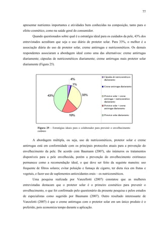 77
apresentar nutrientes importantes e atividades bem conhecidas na composição, tanto para o
efeito cosmético, como na saúde geral do consumidor.
Quando questionados sobre qual é a estratégia ideal para os cuidados da pele, 43% dos
entrevistados acreditam que seja o uso diário de protetor solar. Para 33%, o melhor é a
associação diária do uso de protetor solar, creme antirrugas e nutricosméticos. Os demais
respondentes associaram a abordagem ideal como uma das alternativas: creme antirrugas
diariamente; cápsulas de nutricosméticos diariamente; creme antirrugas mais protetor solar
diariamente (Figura 25).
4%
1%
33%
19%
43%
Cápsulas de nutricosméticos
diariamente
Creme antirrugas diariamente
Protetor solar +creme
antirrugas +nutricosmético
diariamente
Protetor solar +creme
antirrugas diariamente
Protetor solar diariamente
Figura 25 – Estratégias ideais para o colaborador para prevenir o envelhecimento
cutâneo
A abordagem múltipla, ou seja, uso de nutricosméticos, protetor solar e creme
antirrugas está em conformidade com os principais protocolos atuais para a prevenção do
envelhecimento da pele. De acordo com Baumann (2007), são inúmeros os tratamentos
disponíveis para a pele envelhecida, porém a prevenção do envelhecimento extrínseco
permanece como a recomendação ideal, o que deve ser feito da seguinte maneira: uso
frequente de filtros solares; evitar poluição e fumaça de cigarro, ter dieta rica em frutas e
vegetais, e fazer uso de suplementos antioxidantes orais – os nutricosméticos.
Uma pesquisa realizada por Vanzellotti (2007) constatou que as mulheres
entrevistadas destacam que o protetor solar é o primeiro cosmético para prevenir o
envelhecimento, o que foi confirmado pelo questionário da presente pesquisa e pelos estudos
de especialistas como sugerido por Baumann (2007). Outro resultado interessante de
Vanzelotti (2007) é que o creme antirrugas com o protetor solar em um único produto é o
preferido, pois economiza tempo durante a aplicação.
 