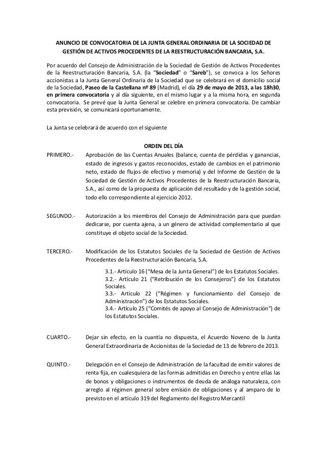 Anuncio De Convocatoria De La Junta General Ordinaria De La Sareb