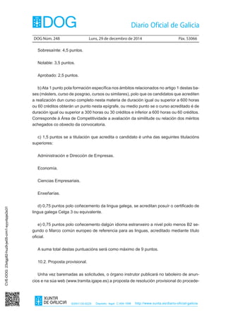 DOG Núm. 248	 Luns, 29 de decembro de 2014	 Páx. 53066
ISSN1130-9229 Depósito legal C.494-1998 http://www.xunta.es/diario-oficial-galicia
Sobresaínte: 4,5 puntos.
Notable: 3,5 puntos.
Aprobado: 2,5 puntos.
b) Ata 1 punto pola formación específica nos ámbitos relacionados no artigo 1 destas ba-
ses (másters, curso de posgrao, cursos ou similares), polo que os candidatos que acrediten
a realización dun curso completo nesta materia de duración igual ou superior a 600 horas
ou 60 créditos obterán un punto nesta epígrafe, ou medio punto se o curso acreditado é de
duración igual ou superior a 300 horas ou 30 créditos e inferior a 600 horas ou 60 créditos.
Corresponde á Área de Competitividade a avaliación da similitude ou relación dos méritos
achegados co obxecto da convocatoria.
c) 1,5 puntos se a titulación que acredita o candidato é unha das seguintes titulacións
superiores:
Administración e Dirección de Empresas.
Economía.
Ciencias Empresariais.
Enxeñarías.
d) 0,75 puntos polo coñecemento da lingua galega, se acreditan posuír o certificado de
lingua galega Celga 3 ou equivalente.
e) 0,75 puntos polo coñecemento dalgún idioma estranxeiro a nivel polo menos B2 se-
gundo o Marco común europeo de referencia para as linguas, acreditado mediante título
oficial.
A suma total destas puntuacións será como máximo de 9 puntos.
10.2. Proposta provisional.
Unha vez baremadas as solicitudes, o órgano instrutor publicará no taboleiro de anun-
cios e na súa web (www.tramita.igape.es) a proposta de resolución provisional do procede-
CVE-DOG:23xtgp82-huz9-jw05-crm1-syyvbpje2e31
 