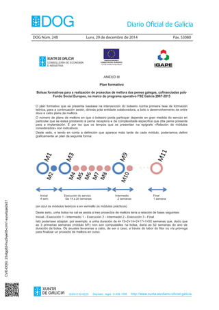 DOG Núm. 248	 Luns, 29 de decembro de 2014	 Páx. 53080
ISSN1130-9229 Depósito legal C.494-1998 http://www.xunta.es/diario-oficial-galicia
ANEXO III
Plan formativo
Bolsas formativas para a realización de proxectos de mellora das pemes galegas, cofinanciadas polo
Fondo Social Europeo, no marco do programa operativo FSE Galicia 2007-2013
O plan formativo que se presenta baséase na intervención do bolseiro nunha primeira fase de formación
teórica, para a continuación asistir, dirixido pola entidade colaboradora, a todo o desenvolvemento de entre
dous e catro plans de mellora.
O número de plans de mellora en que o bolseiro poida participar depende en gran medida do servizo en
particular que se estea prestando á peme receptora e da complexidade específica que dita peme presente
para a implantación. É por iso que os tempos que se presentan na epigrafe «Relación de módulos
considerados» son indicativos.
Deste xeito, e tendo en conta a definición que aparece máis tarde de cada módulo, poderiamos definir
graficamente un plan da seguinte forma:
(en azul os módulos teóricos e en vermello os módulos prácticos)
Deste xeito, unha bolsa na cal se asista a tres proxectos de mellora tería a relación de fases seguintes:
Inicial - Execución 1 - Intermedio 1 - Execución 2 - Intermedio 2 - Execución 3 - Final
Isto poderíase adaptar, por exemplo, a unha duración de 4+15+2+14+2+17+1=55 semanas que, dado que
as 3 primeiras semanas (módulo M1) non son computables na bolsa, daría as 52 semanas do ano de
duración da bolsa. Os axustes levaranse a cabo, de ser o caso, a través do labor do titor ou vía prórroga
para finalizar un proxecto de mellora en curso.
…
Inicial Execución do servizo Intermedio Final
4 sem. De 14 a 20 semanas 2 semanas 1 semana
CONSELLERÍA DE ECONOMÍA
E INDUSTRIA
CVE-DOG:23xtgp82-huz9-jw05-crm1-syyvbpje2e31
 