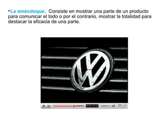 
La sinécdoque. Consiste en mostrar una parte de un producto
para comunicar el todo o por el contrario, mostrar la totalidad para
destacar la eficacia de una parte.
 