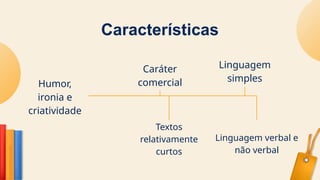 Características
Caráter
comercial
Humor,
ironia e
criatividade
Linguagem
simples
Textos
relativamente
curtos
Linguagem verbal e
não verbal
 