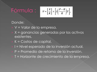 Donde:
› V = Valor de la empresa.
› X = ganancias generadas por los activos
  existentes.
› K = Costos de capital.
› I = Nivel esperado de la inversión actual.
› P = Promedio de retorno de la inversión.
› T = Horizonte de crecimiento de la empresa.
 