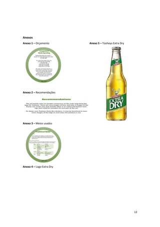12
Anexos
Anexo 1 – Orçamento Anexo 5 – Tooheys Extra Dry
Anexo 2 – Recomendações
Anexo 3 – Meios usados
Anexo 4 – Logo Extra Dry
 