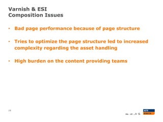 Varnish & ESI
Composition Issues
19
• Bad page performance because of page structure
• Tries to optimize the page structure led to increased
complexity regarding the asset handling
• High burden on the content providing teams
 