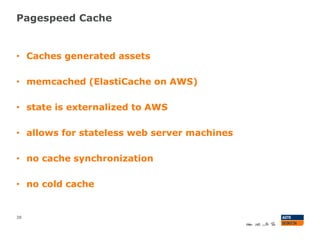 Pagespeed Cache
38
• Caches generated assets
• memcached (ElastiCache on AWS)
• state is externalized to AWS
• allows for stateless web server machines
• no cache synchronization
• no cold cache
 