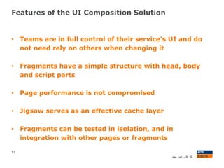 Features of the UI Composition Solution
51
• Teams are in full control of their service's UI and do
not need rely on others when changing it
• Fragments have a simple structure with head, body
and script parts
• Page performance is not compromised
• Jigsaw serves as an effective cache layer
• Fragments can be tested in isolation, and in
integration with other pages or fragments
 