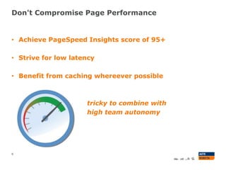 Don't Compromise Page Performance
6
• Achieve PageSpeed Insights score of 95+
• Strive for low latency
• Benefit from caching whereever possible
tricky to combine with
high team autonomy
 