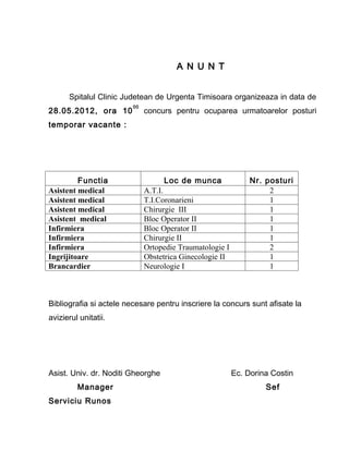 A N U N T


      Spitalul Clinic Judetean de Urgenta Timisoara organizeaza in data de
                         00
28.05.2012, ora 10            concurs pentru ocuparea urmatoarelor posturi
temporar vacante :




         Functia                   Loc de munca                Nr. posturi
Asistent medical              A.T.I.                                2
Asistent medical              T.I.Coronarieni                       1
Asistent medical              Chirurgie III                         1
Asistent medical              Bloc Operator II                      1
Infirmiera                    Bloc Operator II                      1
Infirmiera                    Chirurgie II                          1
Infirmiera                    Ortopedie Traumatologie I             2
Ingrijitoare                  Obstetrica Ginecologie II             1
Brancardier                   Neurologie I                          1



Bibliografia si actele necesare pentru inscriere la concurs sunt afisate la
avizierul unitatii.




Asist. Univ. dr. Noditi Gheorghe                          Ec. Dorina Costin
         Manager                                                   Sef
Serviciu Runos
 