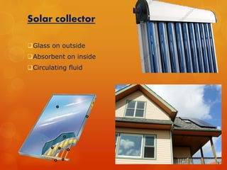 Solar collector 
Glass on outside 
Absorbent on inside 
Circulating fluid 
 