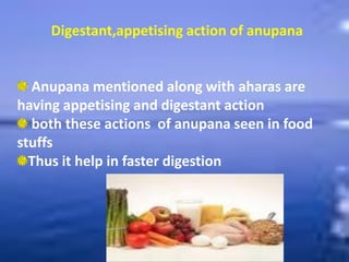 Digestant,appetising action of anupana
Anupana mentioned along with aharas are
having appetising and digestant action
both these actions of anupana seen in food
stuffs
Thus it help in faster digestion
 