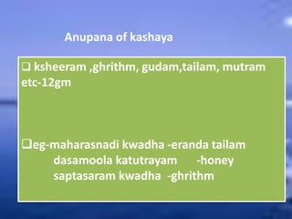 Anupana of kashaya
 ksheeram ,ghrithm, gudam,tailam, mutram
etc-12gm
eg-maharasnadi kwadha -eranda tailam
dasamoola katutrayam -honey
saptasaram kwadha -ghrithm
 