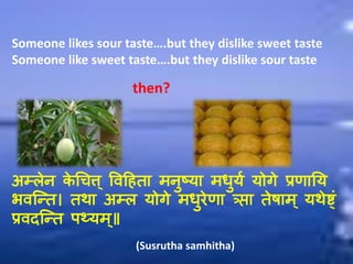 Someone likes sour taste….but they dislike sweet taste
Someone like sweet taste….but they dislike sour taste
then?
अम्ऱेन क
े चचत्त ् पवदहता मनुष्या मधुयप योगे प्रणातय
भवन्न्त। तथा अम्ऱ योगे मधुरेणा त्र्प्प्ता तेषाम ् यथेष्ट्ं
प्रवदन्न्त ऩथ्यम ्॥
(Susrutha samhitha)
 