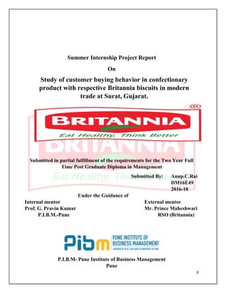 0
Summer Internship Project Report
On
Study of customer buying behavior in confectionary
product with respective Britannia biscuits in modern
trade at Surat, Gujarat.
Submitted in partial fulfillment of the requirements for the Two Year Full
Time Post Graduate Diploma in Management
Submitted By: Anup.C.Rai
DM16E49
2016-18
Under the Guidance of
Internal mentor External mentor
Prof. G. Pravin Kumar Mr. Prince Maheshwari
P.I.B.M.-Pune RSO (Britannia)
P.I.B.M- Pune Institute of Business Management
Pune
 