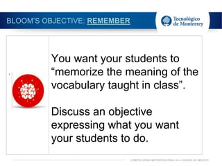 BLOOM’S OBJECTIVE: REMEMBER
.
You want your students to
“memorize the meaning of the
vocabulary taught in class”.
Discuss an objective
expressing what you want
your students to do.
 