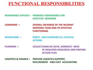 RESPONSIBLE OFFICER = PRIMARILY RESPONSIBLE FOR
EFFECTIVE RESPONSE
COMMAND = OVERALL INCHARGE OF THE INCIDENT
RESPONSE TEAM AND ITS EFFECTIVE
FUNCTIONING
OPERATIONS = DIRECT AND SUPERVISE ALL TACTICAL
ACTIONS
PLANNING = COLLECT/ANALYZE DATA, WORKOUT NEED
OF REQUIRED RESOURCES AND PREPARE
ACTION PLAN
LOGISTICS & FINANCE = PROVIDE LOGISTICS SUPPORT,
ROCUREMENT AND COST ACCOUNTING
FUNCTIONAL RESPONSIBILITIES
 