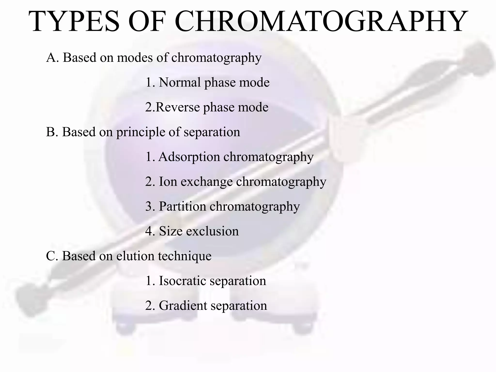TYPES OF CHROMATOGRAPHY
A. Based on modes of chromatography
                 1. Normal phase mode
                 2.Reverse phase mode
B. Based on principle of separation
                 1. Adsorption chromatography
                 2. Ion exchange chromatography
                 3. Partition chromatography
                 4. Size exclusion
C. Based on elution technique
                 1. Isocratic separation
                 2. Gradient separation
 