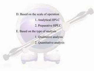 D. Based on the scale of operation
               1. Analytical HPLC
               2. Preparative HPLC
E. Based on the type of analysis
               1. Qualitative analysis
               2. Quantitative analysis
 