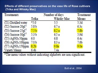 Effects of different preservatives on the vase life of Rose cultivars
(Trika and Whisky Mac)
Butt et al., 2004
 
