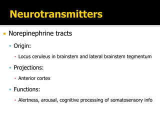  Norepinephrine tracts
 Origin:
▪ Locus ceruleus in brainstem and lateral brainstem tegmentum
 Projections:
▪ Anterior cortex
 Functions:
▪ Alertness, arousal, cognitive processing of somatosensory info
 