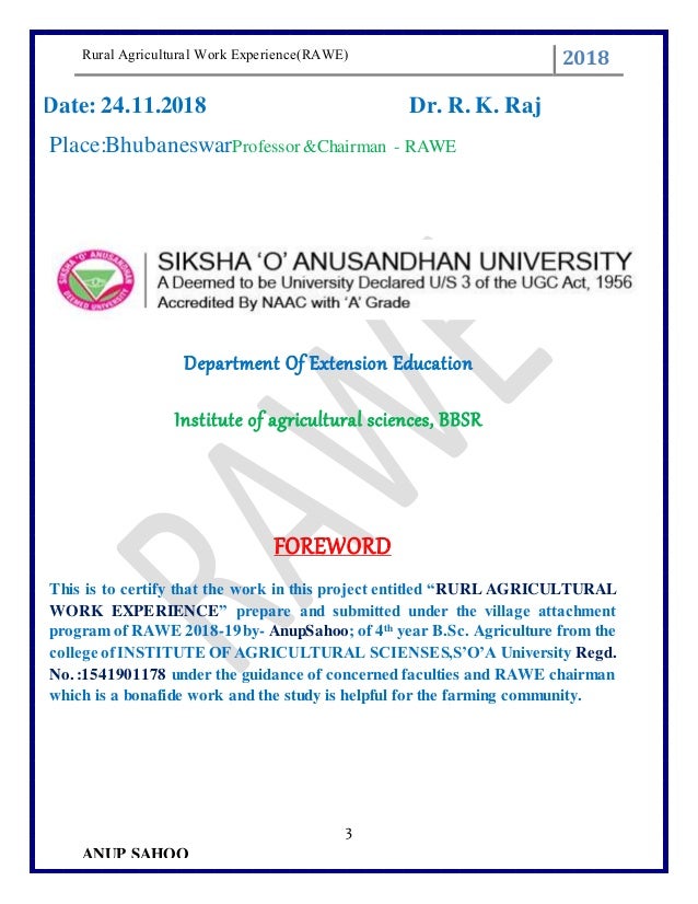 Anup Sahoo Rawe Report 2018 19 Institute Of Agricultural