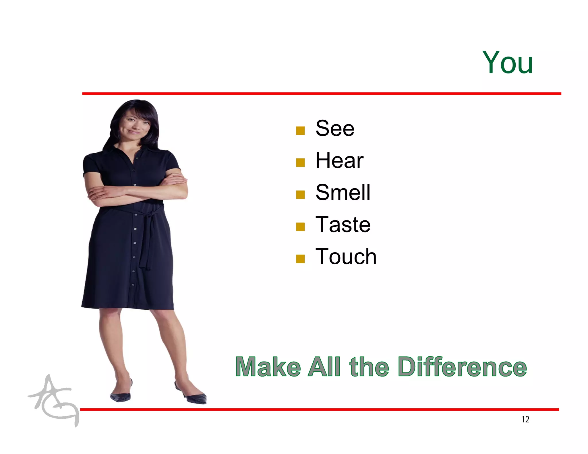 You

   See
   Hear
   Smell
   Taste
   Touch




              12
 