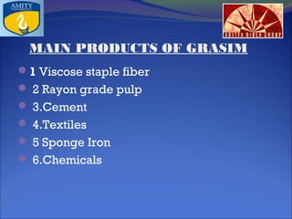 MAIN PRODUCTS OF GRASIM
1 Viscose staple fiber
 2 Rayon grade pulp
 3.Cement
 4.Textiles
 5 Sponge Iron
 6.Chemicals

 