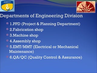 Departments of Engineering Division
1.PPD (Project & Planning Department)
2.Fabrication shop
3.Machine shop
4.Assembly shop
5.EMT/MMT (Electrical or Mechanical

Maintenance)
6.QA/QC (Quality Control & Assurance)

 
