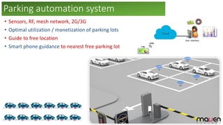 Parking automation system
• Sensors, RF, mesh network, 2G/3G
• Optimal utilization / monetization of parking lots
• Guide to free location
• Smart phone guidance to nearest free parking lot
 