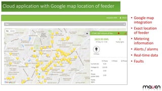 Cloud application with Google map location of feeder
• Google map
integration
• Exact location
of feeder
• Metering
information
• Alerts / alarms
• Real-time data
• Faults
 