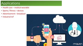 Applications
• Health care – medical wearable
• Sports / fitness – devices
• Advertisement – broadcast
• Industrial IoT
 