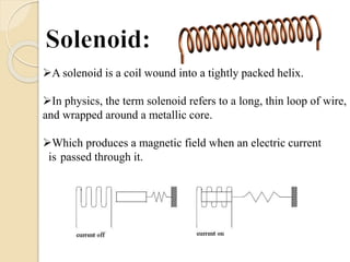 A solenoid is a coil wound into a tightly packed helix.
In physics, the term solenoid refers to a long, thin loop of wire,
and wrapped around a metallic core.
Which produces a magnetic field when an electric current
is passed through it.
 