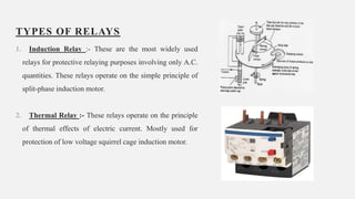 TYPES OF RELAYS
1. Induction Relay :- These are the most widely used
relays for protective relaying purposes involving only A.C.
quantities. These relays operate on the simple principle of
split-phase induction motor.
2. Thermal Relay :- These relays operate on the principle
of thermal effects of electric current. Mostly used for
protection of low voltage squirrel cage induction motor.
14
 