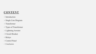 CONTENT
Introduction
Single Line Diagram
Transformer
Types of Transformer
Lightning Arrester
Circuit Breaker
Relays
Control Panel
 Conclusion
3
 