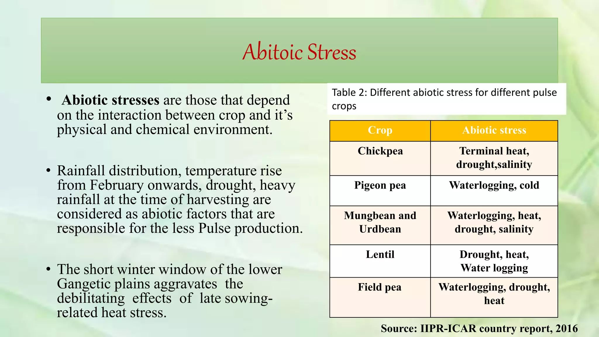 Abitoic Stress
• Abiotic stresses are those that depend
on the interaction between crop and it’s
physical and chemical environment.
• Rainfall distribution, temperature rise
from February onwards, drought, heavy
rainfall at the time of harvesting are
considered as abiotic factors that are
responsible for the less Pulse production.
• The short winter window of the lower
Gangetic plains aggravates the
debilitating effects of late sowing-
related heat stress.
Crop Abiotic stress
Chickpea Terminal heat,
drought,salinity
Pigeon pea Waterlogging, cold
Mungbean and
Urdbean
Waterlogging, heat,
drought, salinity
Lentil Drought, heat,
Water logging
Field pea Waterlogging, drought,
heat
Table 2: Different abiotic stress for different pulse
crops
Source: IIPR-ICAR country report, 2016
 