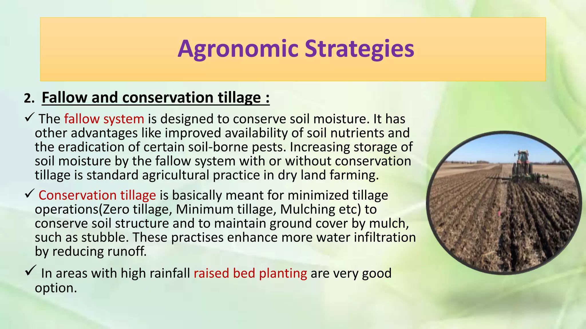 Agronomic Strategies
2. Fallow and conservation tillage :
 The fallow system is designed to conserve soil moisture. It has
other advantages like improved availability of soil nutrients and
the eradication of certain soil-borne pests. Increasing storage of
soil moisture by the fallow system with or without conservation
tillage is standard agricultural practice in dry land farming.
 Conservation tillage is basically meant for minimized tillage
operations(Zero tillage, Minimum tillage, Mulching etc) to
conserve soil structure and to maintain ground cover by mulch,
such as stubble. These practises enhance more water infiltration
by reducing runoff.
 In areas with high rainfall raised bed planting are very good
option.
 