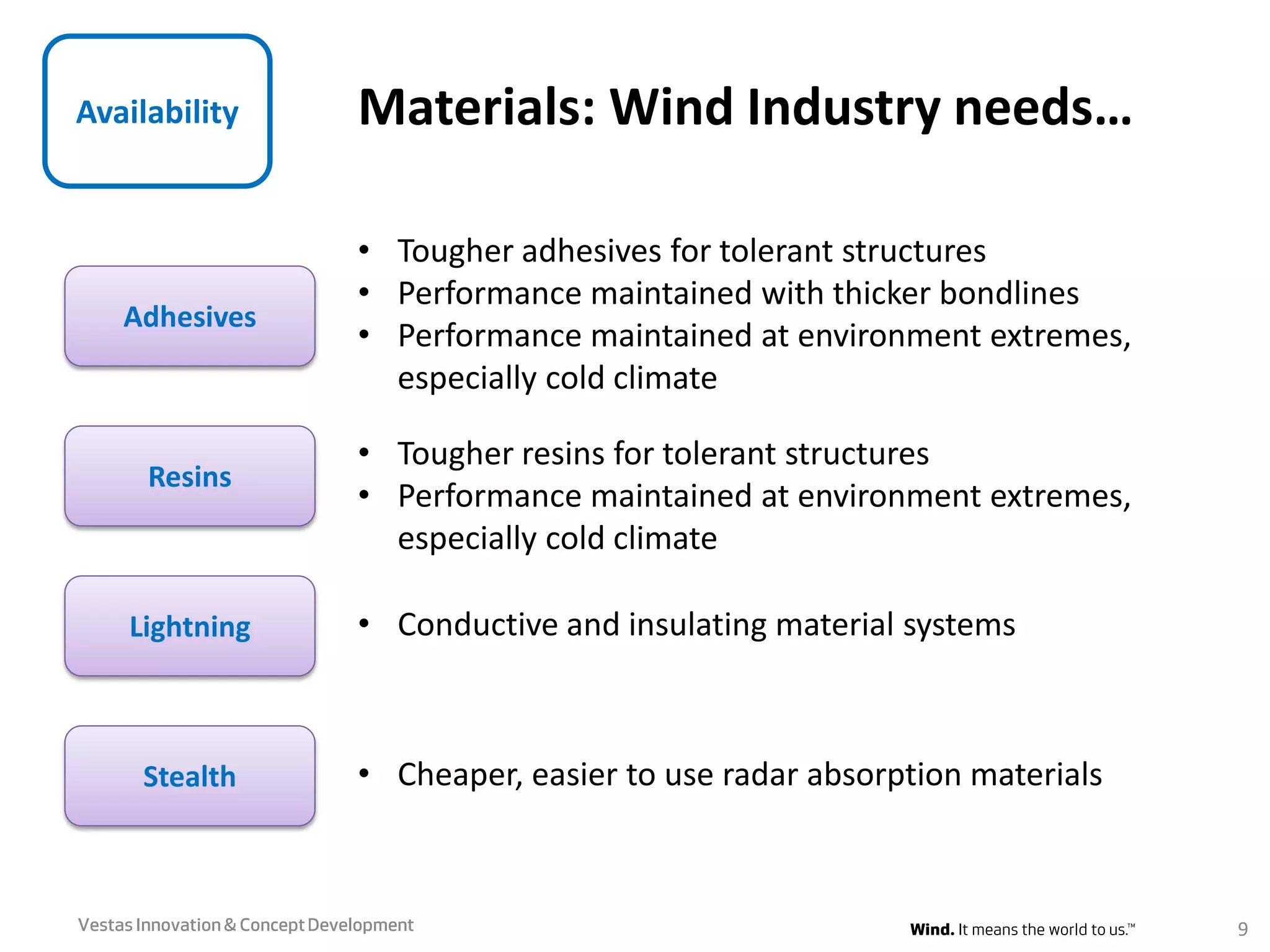 Availability
• Tougher adhesives for tolerant structures
• Performance maintained with thicker bondlines
• Performance maintained at environment extremes,
especially cold climate
Adhesives
Resins
• Cheaper, easier to use radar absorption materialsStealth
• Tougher resins for tolerant structures
• Performance maintained at environment extremes,
especially cold climate
• Conductive and insulating material systemsLightning
VestasInnovation & ConceptDevelopment 9
Materials: Wind Industry needs…
 