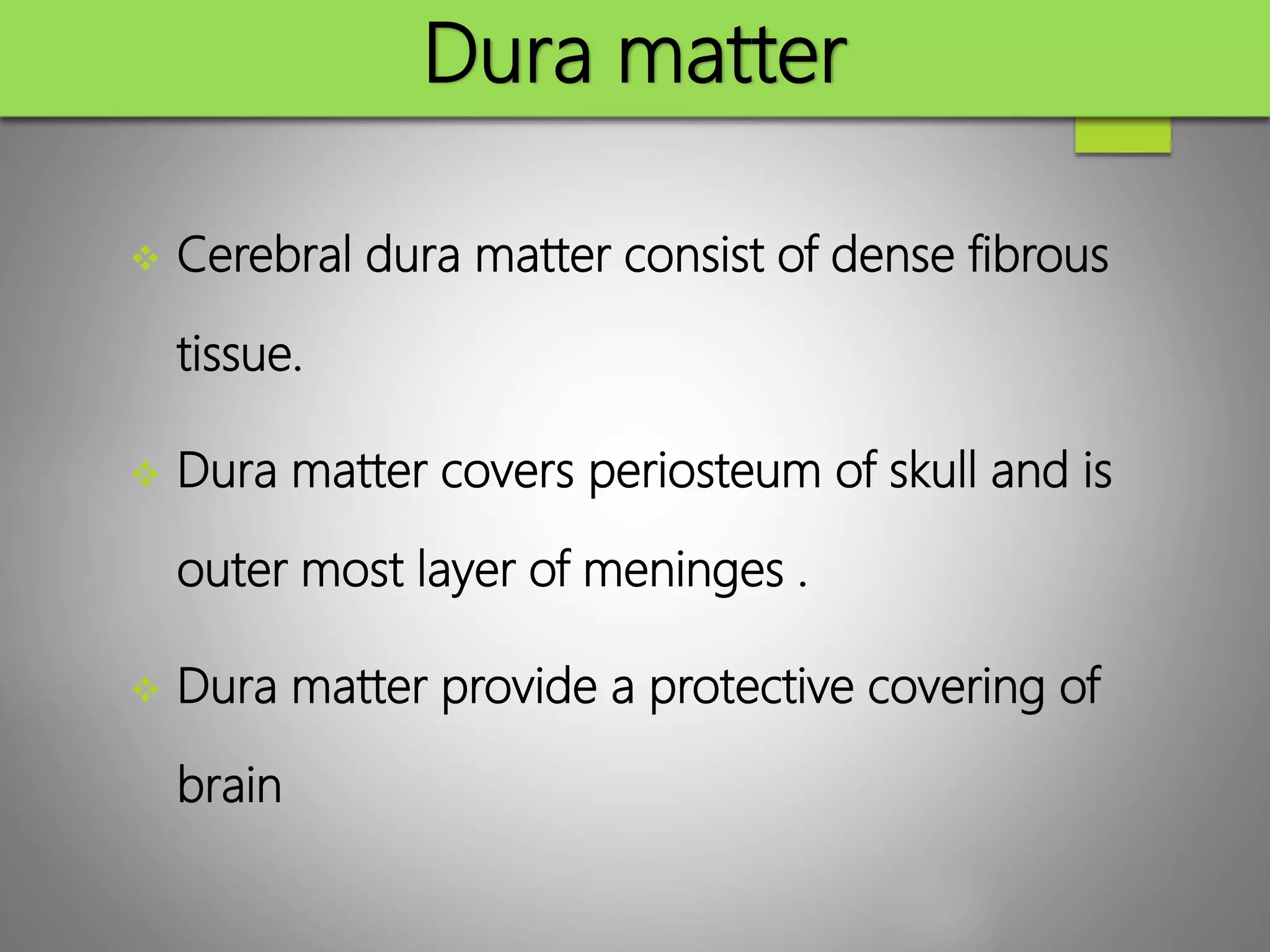 Dura matter
 Cerebral dura matter consist of dense fibrous
tissue.
 Dura matter covers periosteum of skull and is
outer most layer of meninges .
 Dura matter provide a protective covering of
brain
 