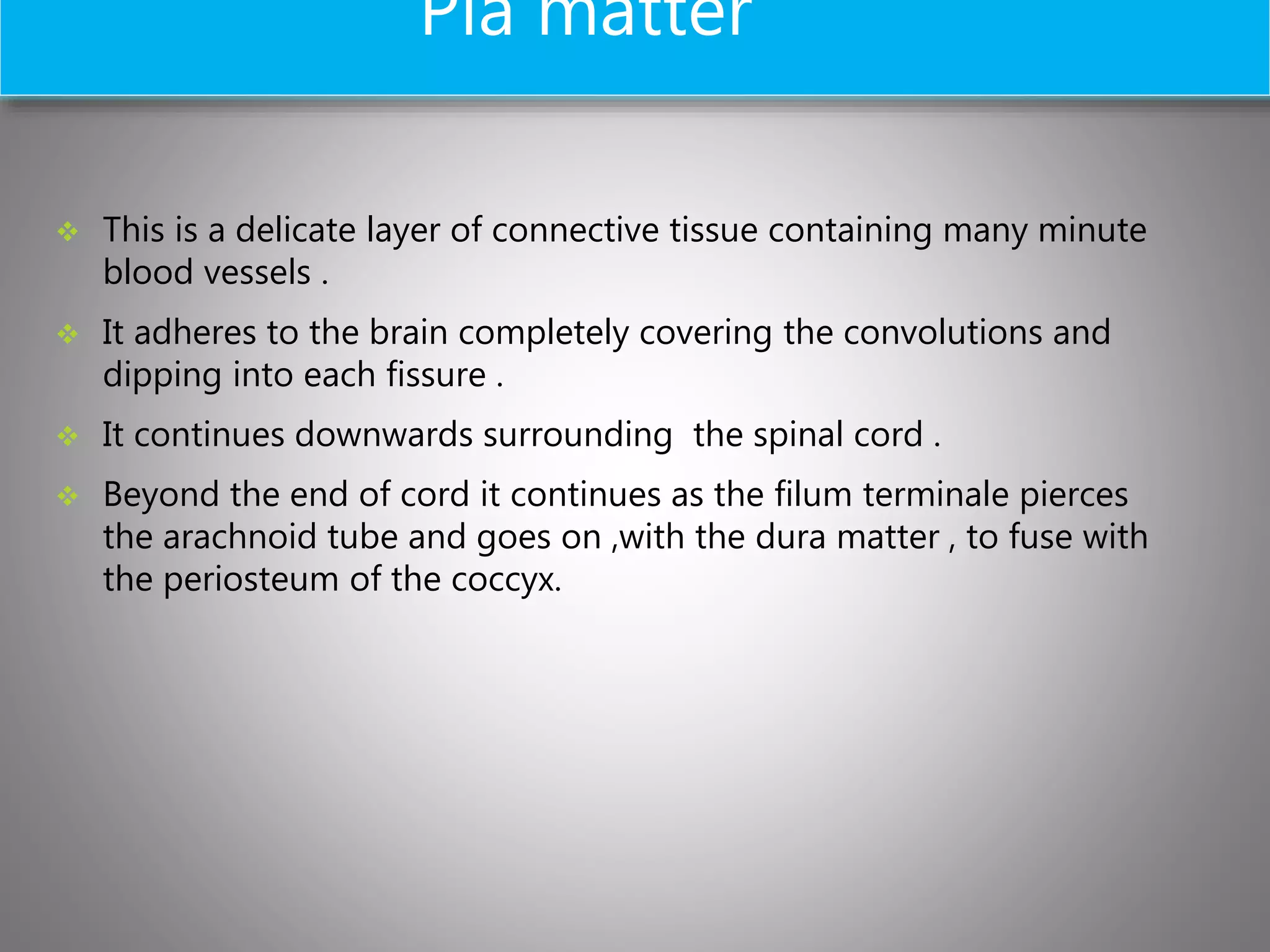 Pia matter
 This is a delicate layer of connective tissue containing many minute
blood vessels .
 It adheres to the brain completely covering the convolutions and
dipping into each fissure .
 It continues downwards surrounding the spinal cord .
 Beyond the end of cord it continues as the filum terminale pierces
the arachnoid tube and goes on ,with the dura matter , to fuse with
the periosteum of the coccyx.
 