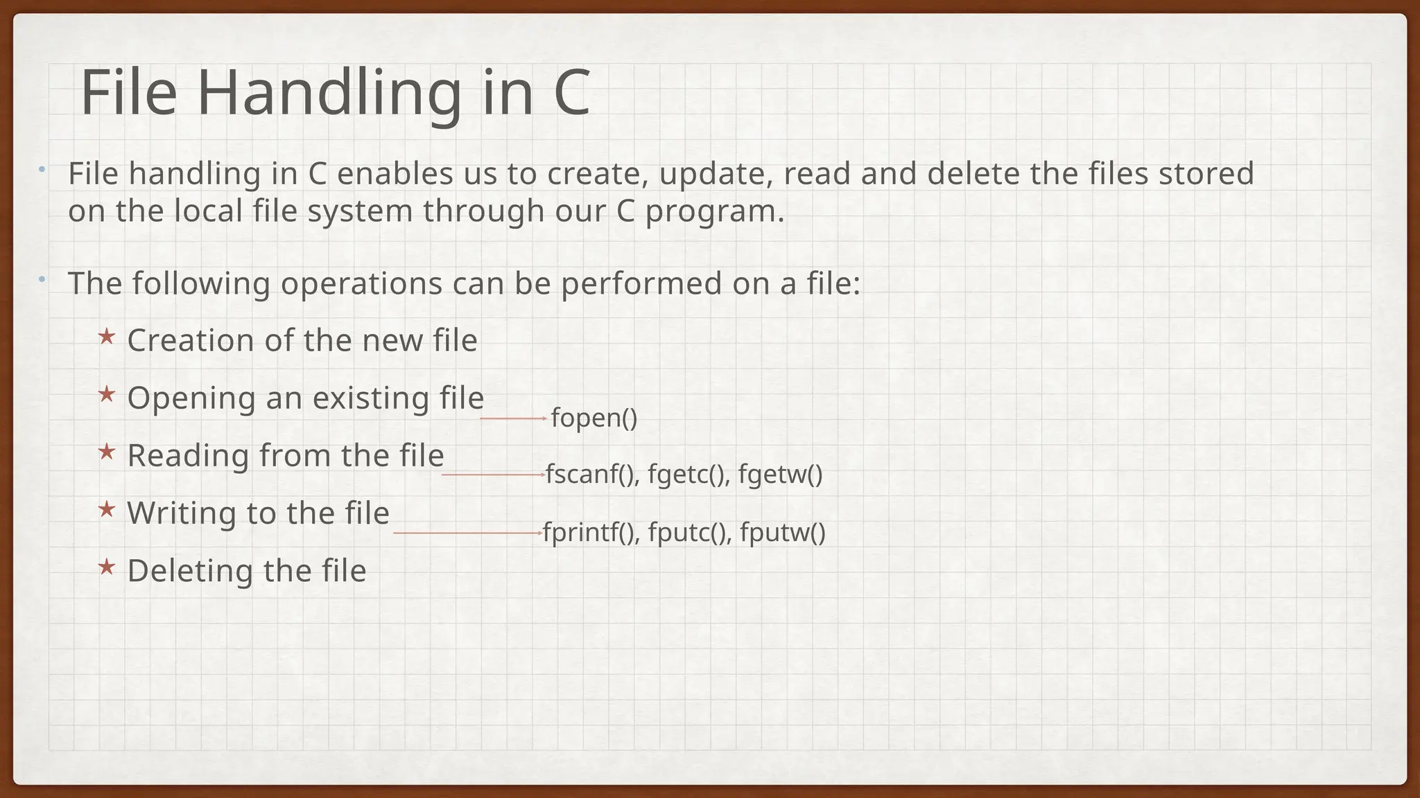 • File handling in C enables us to create, update, read and delete the files stored
on the local file system through our C program.
• The following operations can be performed on a file:
★ Creation of the new file
★ Opening an existing file
★ Reading from the file
★ Writing to the file
★ Deleting the file
File Handling in C
fopen()
fscanf(), fgetc(), fgetw()
fprintf(), fputc(), fputw()
 