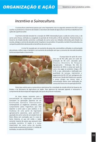 Governo e setor produtivo unidos.
A suinocultura catarinense passou por uma importante crise no segundo semestre de 2012 e para
auxiliar os produtores o Governo do Estado e a Secretaria de Estado da Agricultura e da Pesca trabalharam em
açõesdesuporteaosetor.
A primeira decisão tomada foi a isenção do ICMS interestadual para a saída de suínos vivos, e de
carne suína fresca, resfriada ou congelada no período de 16 de julho a 30 de setembro. Posteriormente, o
Governo do Estado decidiu aumentar a utilização de carne suína nas refeições oferecidas pelo Estado nas
escolas,abrigosecentrosdeatençãosocial,hospitaisenospresídios.Emparalelo,tambémfoiproduzidauma
campanhapublicitáriadestacandoosbenefíciosdacarnesuína.
A crise foi causada por um aumento do preço das commodities utilizadas na alimentação
dos animais, milho e soja, e também a um aumento da produção sem que o consumo do mercado brasileiro
tenhaacompanhadoocrescimento.
03
Acervo Imprensa EPAGRI
Material de divulgação institucional.
Incentivo a Suinocultura.
O preço-base do quilo do suino
vivo era de R$ 1,90, para um custo de
produção de R$ 2,57, calculado pela
Empresa Brasileira de Pesquisa
Agropecuária - Embrapa. No mês de
novembro de 2012, o preço por quilo do
suíno vivo pago ao produtor chega a R$
2,70, o que, adicionada a tipificação por
qualidade da carcaça, representa o
pagamento de R$ 2,97 por quilograma de
animal vivo. Desde abril deste ano, quando
o preço atingiu seu menor valor a
remuneração básica (sem tipificação) do
suinocultorteveumarecuperaçãode42%.
Outra boa notícia para a suinocultura catarinense foi o resultado da missão oficial do Governo do
Estado e da Secretaria da Agricultura ao Japão. Para abertura do mercado japonês é necessário o
cumprimentodedozeetapasdenegociação,dasquaisdezjáforamrealizadas.
As duas etapas restantes para a
concretização da exportação catarinense
consistem na aprovação japonesa de um
Certificado Sanitário Internacional,
contemplando as exigências sanitárias, para
cumprimento pelos frigoríficos que irão
exportar a carne para o país asiático; e na
mudança de uma parte da legislação
agropecuária japonesa, para permitir a
aquisição de carne suína de um estado livre de
febre aftosa sem vacinação, que é o caso de
Santa Catarina, já que até então o Japão
somente importa de países que possuem esta
condição sanitária. O Japão é o maior
importador de carne suína do mundo,
importando anualmente cerca de 1,2 milhão de
toneladas,novalordeUS$5bilhões.
ORGANIZAÇÃO E AÇÃO
 