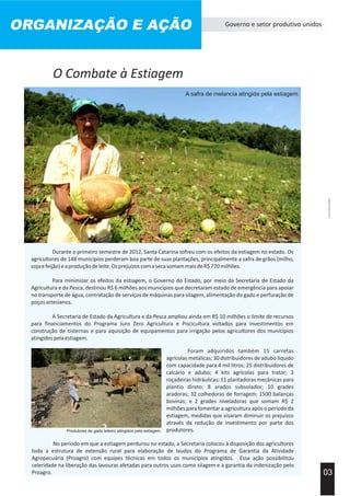 O Combate à Estiagem
ORGANIZAÇÃO E AÇÃO Governo e setor produtivo unidos
Durante o primeiro semestre de 2012, Santa Catarina sofreu com os efeitos da estiagem no estado. Os
agricultores de 148 municípios perderam boa parte de suas plantações, principalmente a safra de grãos (milho,
sojaefeijão)eaproduçãodeleite.OsprejuízoscomasecasomammaisdeR$770milhões.
Para minimizar os efeitos da estiagem, o Governo do Estado, por meio da Secretaria de Estado da
Agricultura e da Pesca, destinou R$ 6 milhões aos municípios que decretaram estado de emergência para apoiar
no transporte de água, contratação de serviços de máquinas para silagem, alimentação do gado e perfuração de
poçosartesianos.
A Secretaria de Estado da Agricultura e da Pesca ampliou ainda em R$ 10 milhões o limite de recursos
para financiamentos do Programa Juro Zero Agricultura e Piscicultura voltados para investimentos em
construção de cisternas e para aquisição de equipamentos para irrigação pelos agricultores dos municípios
atingidospelaestiagem.
03
AcervoImprensaEPAGRI.
Acervo Imprensa EPAGRI
A safra de melancia atingida pela estiagem.
Produtores de gado leiteiro atingidos pela estiagem.
Foram adquiridos também 15 carretas
agrícolas metálicas; 30 distribuidores de adubo líquido
com capacidade para 4 mil litros; 25 distribuidores de
calcário e adubo; 4 kits agrícolas para trator; 3
roçadeiras hidráulicas; 11 plantadoras mecânicas para
plantio direto; 8 arados subsolador; 10 grades
aradoras; 32 colhedoras de forragem; 1500 balanças
bovinas; e 2 grades niveladoras que somam R$ 2
milhões para fomentar a agricultura após o período da
estiagem, medidas que visaram diminuir os prejuízos
através da redução de investimento por parte dos
produtores.
No período em que a estiagem perdurou no estado, a Secretaria colocou à disposição dos agricultores
toda a estrutura de extensão rural para elaboração de laudos do Programa de Garantia da Atividade
Agropecuária (Proagro) com equipes técnicas em todos os municípios atingidos. Essa ação possibilitou
celeridade na liberação das lavouras afetadas para outros usos como silagem e a garantia da indenização pelo
Proagro.
 