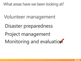 What areas have we been looking at?


Volunteer management
Disaster preparedness
Project management
Monitoring and evaluation
 