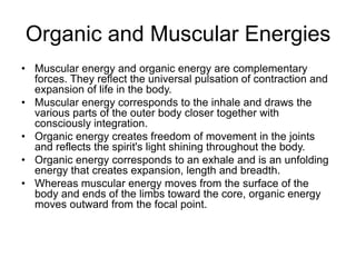 Organic and Muscular EnergiesMuscular energy and organic energy are complementary forces. They reflect the universal pulsation of contraction and expansion of life in the body.Muscular energy corresponds to the inhale and draws the various parts of the outer body closer together with consciously integration.Organic energy creates freedom of movement in the joints and reflects the spirit's light shining throughout the body.Organic energy corresponds to an exhale and is an unfolding energy that creates expansion, length and breadth.Whereas muscular energy moves from the surface of the body and ends of the limbs toward the core, organic energy moves outward from the focal point.