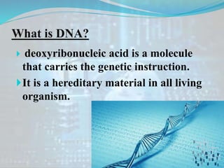  deoxyribonucleic acid is a molecule
that carries the genetic instruction.
It is a hereditary material in all living
organism.
What is DNA?
 