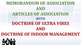 MEMORANDUM OF ASSOCIATION
AND
ARTICLES OF ASSOCIATION
WITH
DOCTRINE OF ULTRA VIRES
AND
DOCTRINE OF INDOOR MANAGEMENT
 